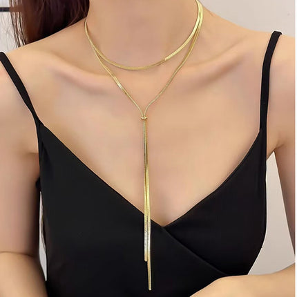 Pull Out Long Snake Chain Necklace Layer Tassel for Women