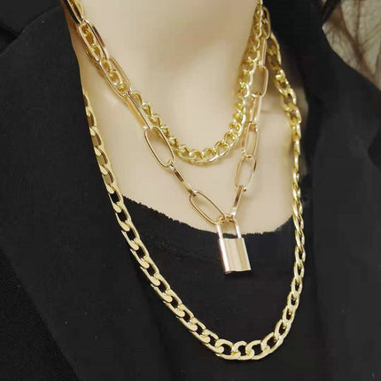Layered Chain Necklace Neck Chains Lock Pendant Jewelry - FASHION SHEGOODS LLC