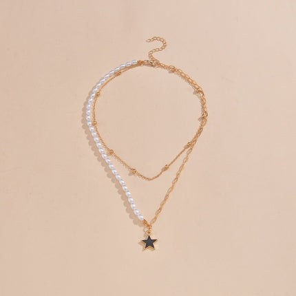 Double Layer Pearl Paperclip Chain Star Pendant Necklace Jewelry
