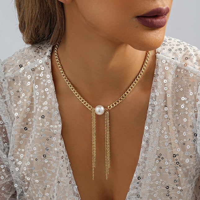 Cuban Link Chain Pearl Charm Necklace