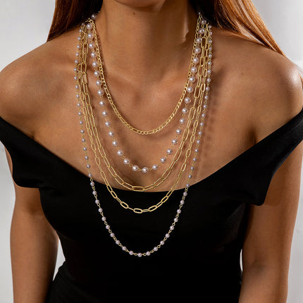Layer Pearl Necklace Long Chain Necklace - FASHION SHEGOODS LLC