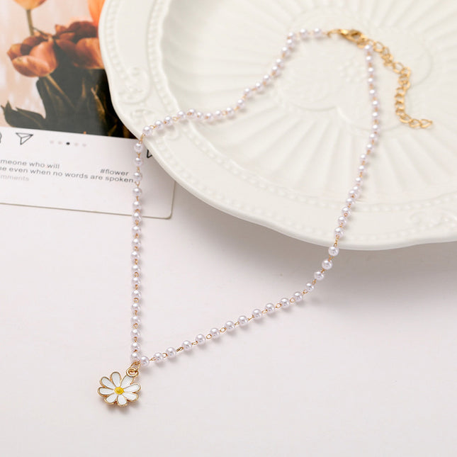 Enamel Flower Necklace Pearl Daisy Pendant