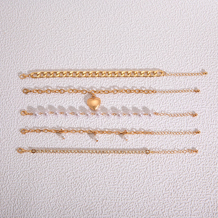 Pearl Beads Layered Bracelet Set Love Heart Pendant