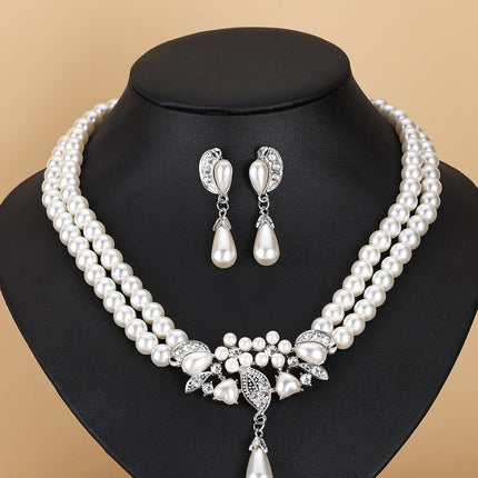 Pearl Crystal Necklace Drop Earrings Jewelry Set