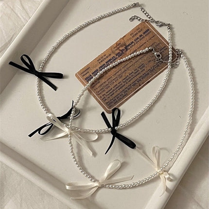 Faux Pearl Necklace Fashion Jewelry Sweet Girls Ribbon Bow Choker - FASHION SHEGOODS LLC