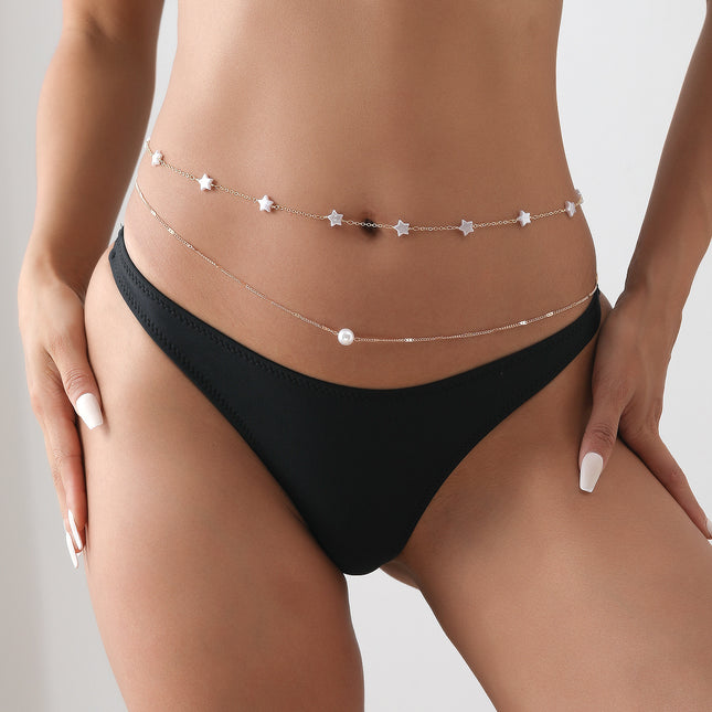 Hip Hop Metallic Pearl Star Layer Belly Waist Chain Jewelry