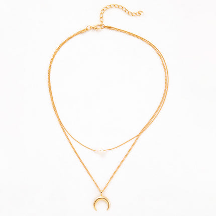 Double Layer Crescent Pearl Pendant Necklace