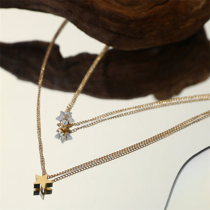 Vintage Multi Layer Zircon Double Crystal Cute Star Choker Chain Necklace