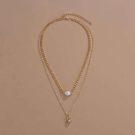 Rhinestone Pearl Round Double Layer Necklace