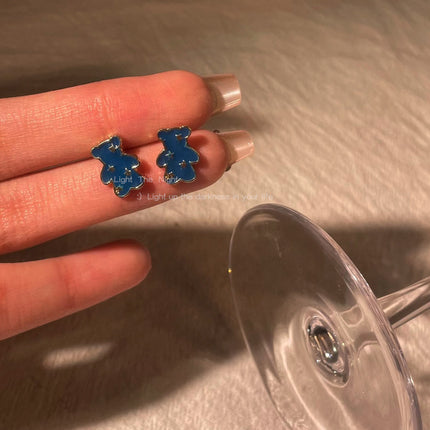Blue Enamel Cartoon Bear Earring