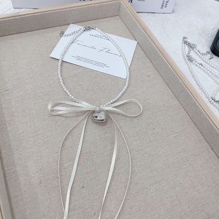 Ribbon Bow Silver Heart Pendant Pearl Choker