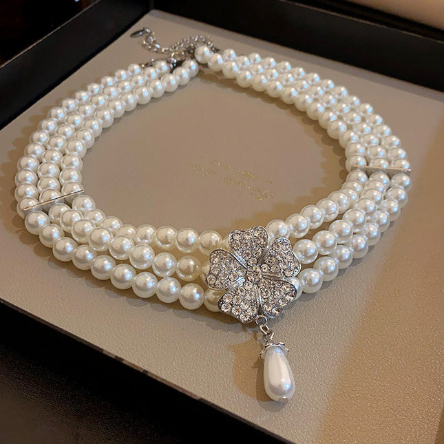Multi-layered Pearl Flower Stone Necklace Earrings Bracelet Fashion Jewelry Set