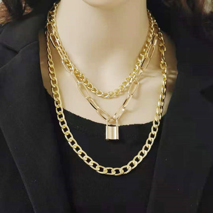 Layered Chain Necklace Neck Chains Lock Pendant Jewelry - FASHION SHEGOODS LLC