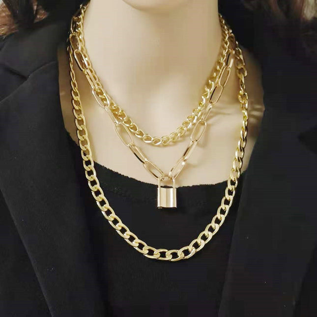 Layered Chain Necklace Neck Chains Lock Pendant Jewelry - FASHION SHEGOODS LLC