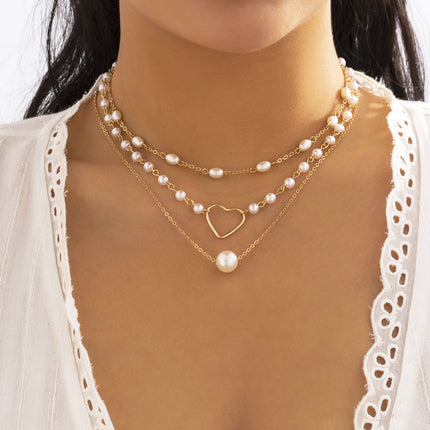 Geometric Beads Chain Twin Necklace Pearl Hollowed Out Love Necklace - FASHION SHEGOODS LLC