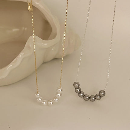 White Pearl Bead Necklace Chain Grey Beaded