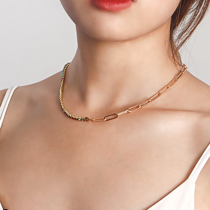 Paper Clip Chain with Colorful Zirconia Tennis Necklace - FASHION SHEGOODS LLC