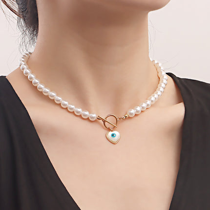 Pearl Beads Chain Necklace Blue Turquoise Heart Pendant Choker - FASHION SHEGOODS LLC