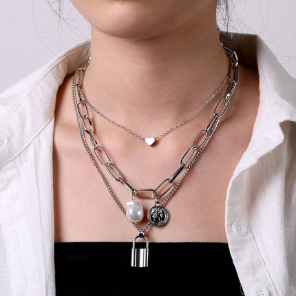 Heart Star Charm Paperclip Chain Choker Necklace Layered Lock Pendant - FASHION SHEGOODS LLC