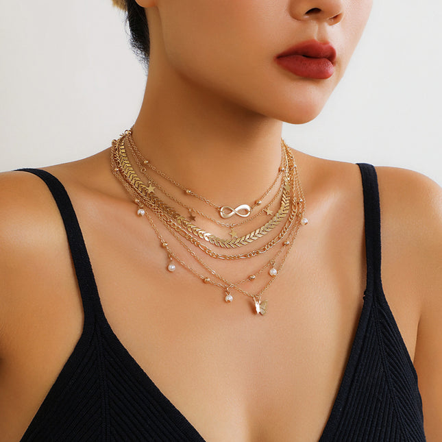 Women Butterfly Tassel Pendant Layered Set Necklace
