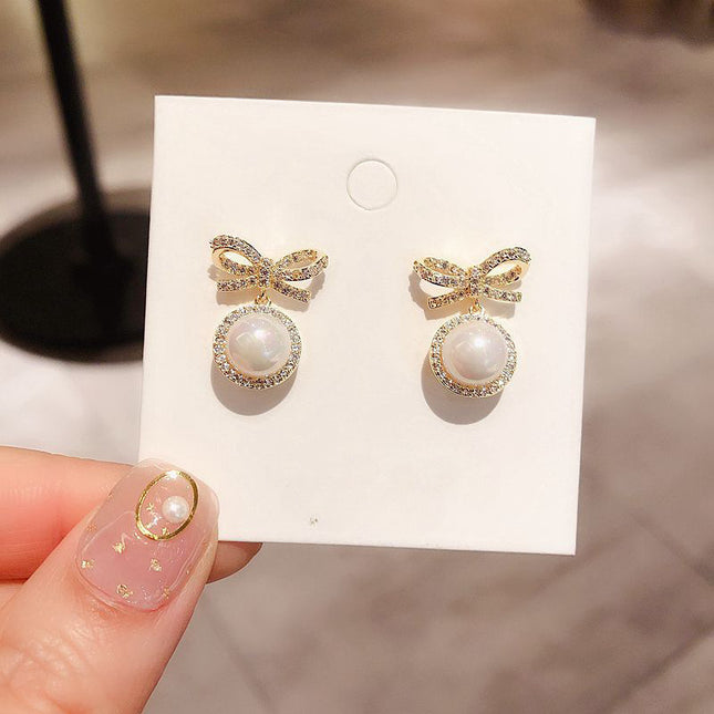 Pearl Rhinestone Bowknot Earrings