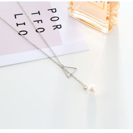 Hollow Triangle Pearl Lariat Necklace