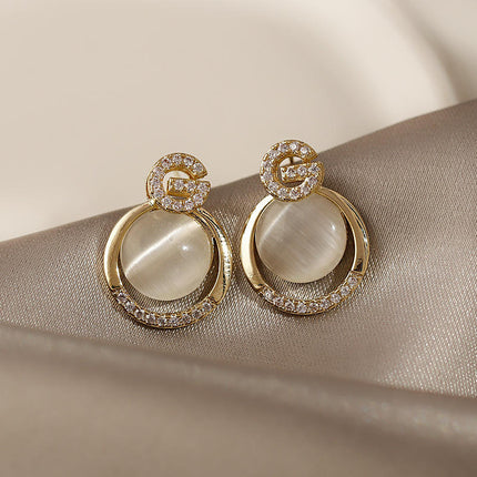 Opal Stone G-Letter Shape Stud Earrings - FASHION SHEGOODS LLC