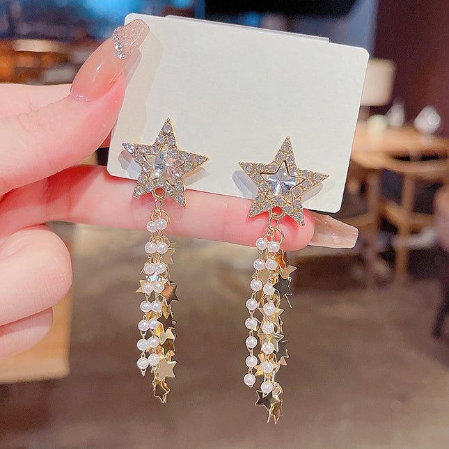 Crystal Rhinestone Star Tassel Earrings