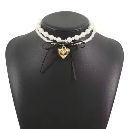 Goth Black Ribbon Bow Heart Pendant Necklace - FASHION SHEGOODS LLC
