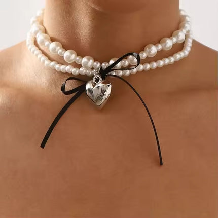 Goth Black Ribbon Bow Heart Pendant Necklace - FASHION SHEGOODS LLC